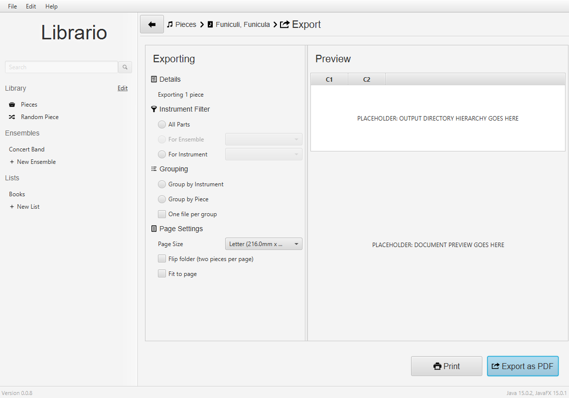 A screenshot of Librario showing the 'export' screen.